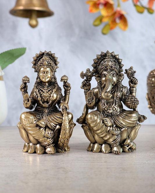 Brass Ganesha Lakshmi Idol Set on Lotus | Auspicious Lakshmi Ganesh Murti for Puja 4" - Budhshiv.com