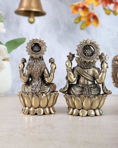 Brass Ganesha Lakshmi Idol Set on Lotus | Auspicious Lakshmi Ganesh Murti for Puja 4" - Budhshiv.com