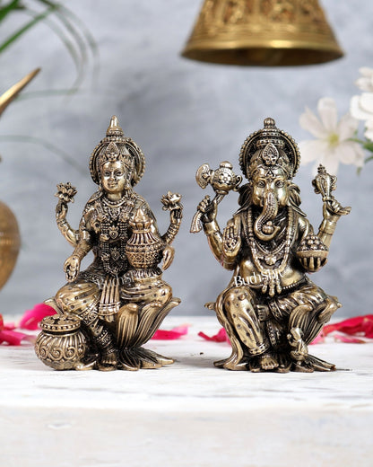Brass Ganesha Lakshmi Idol Set on Lotus Base 4 inch - Budhshiv.com