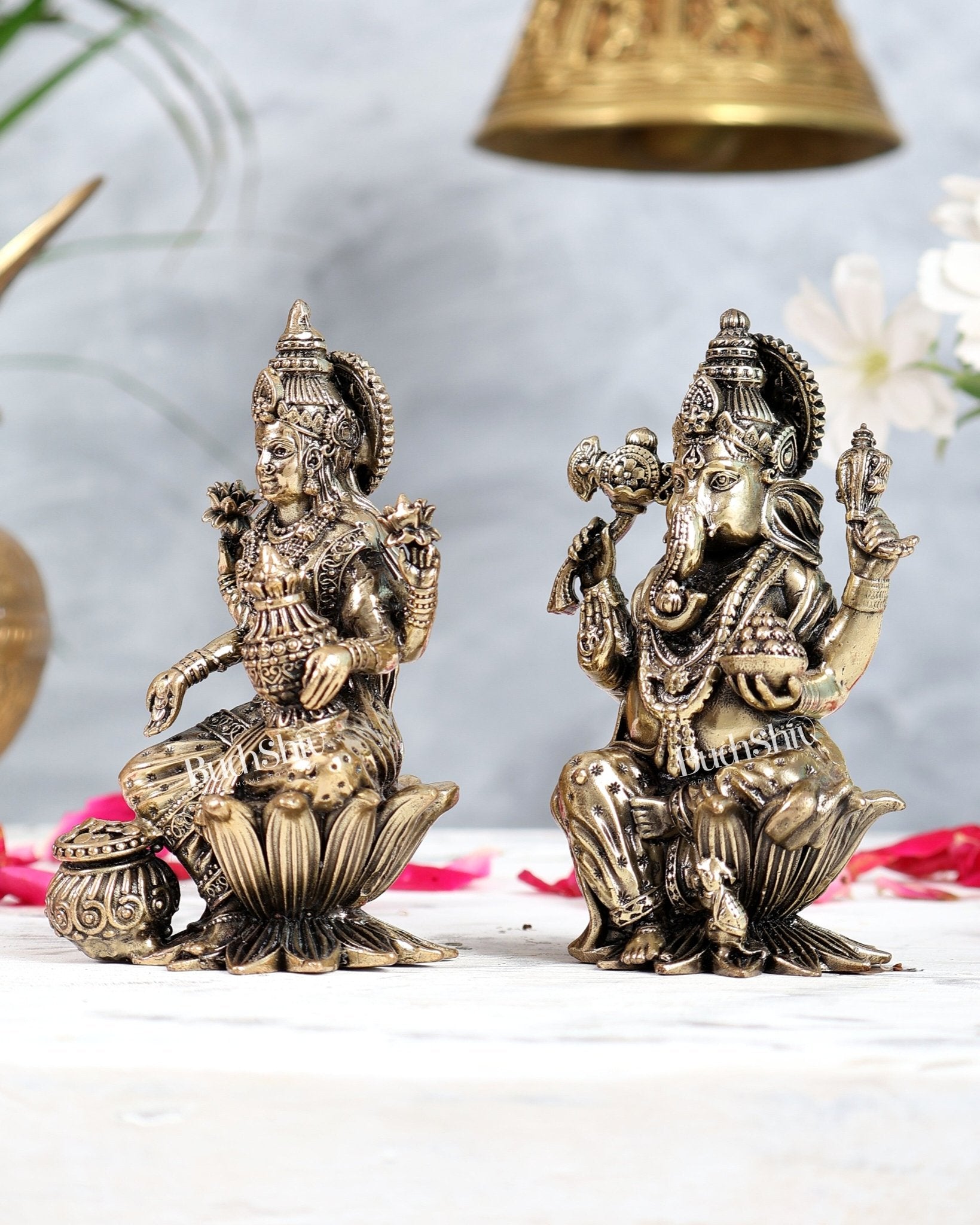 Brass Ganesha Lakshmi Idol Set on Lotus Base 4 inch - Budhshiv.com