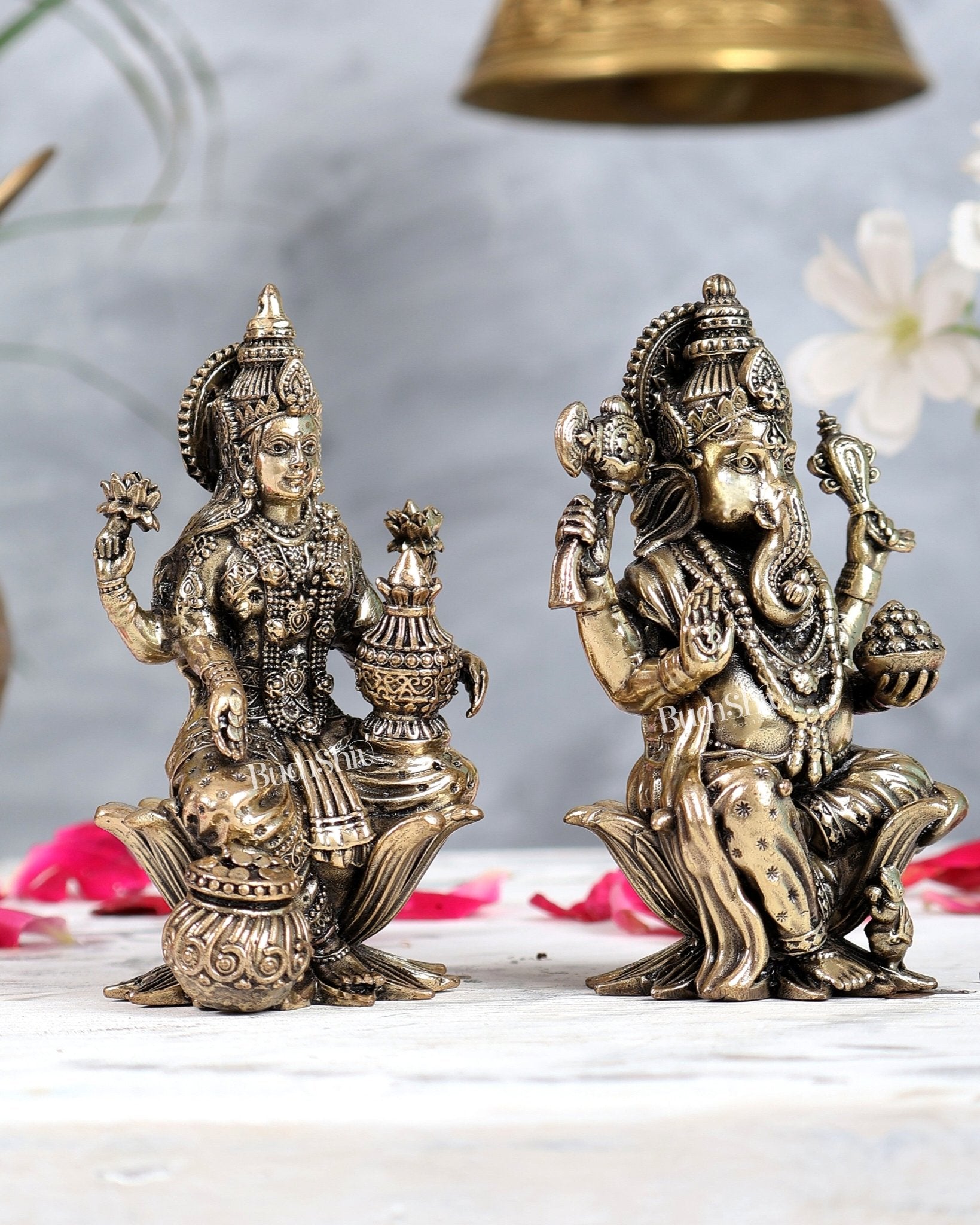 Brass Ganesha Lakshmi Idol Set on Lotus Base 4 inch - Budhshiv.com