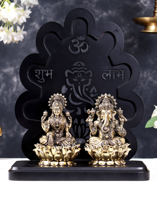 Brass Ganesha Lakshmi Idols on MDF Temple Frame — Shubh Labh Design, Perfect Diwali Gift 12 inch - Budhshiv.com