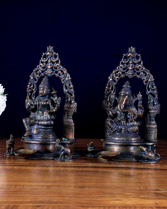 Brass Ganesha–Lakshmi Pair with Attached Diya & Prabhavali - Budhshiv.com