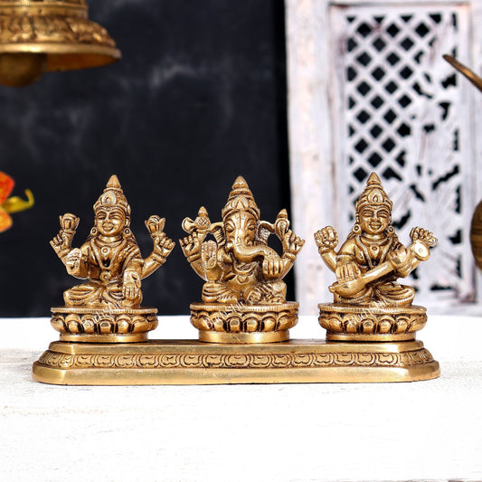Brass Ganesha Lakshmi Saraswati Idol — Same Base 3.5 inch - Budhshiv.com