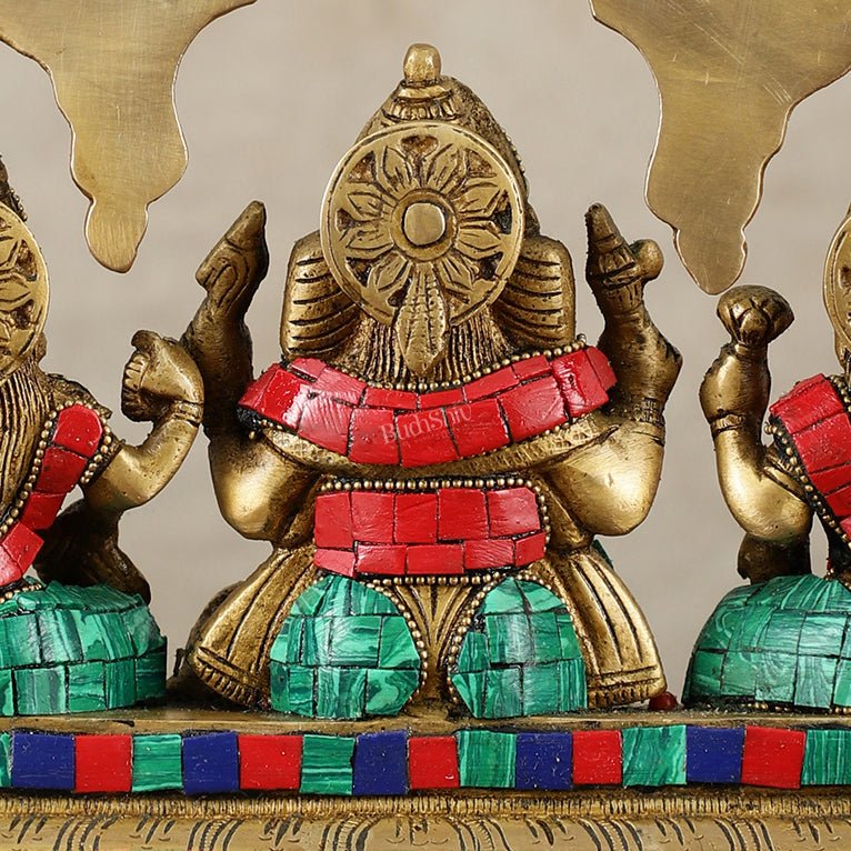Brass Ganesha Lakshmi Saraswati Idol Set 7 inch with Meenakari Stonework - Budhshiv.com