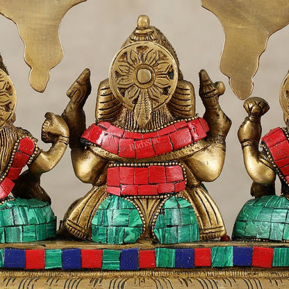 Brass Ganesha Lakshmi Saraswati Idol Set 7 inch with Meenakari Stonework - Budhshiv.com