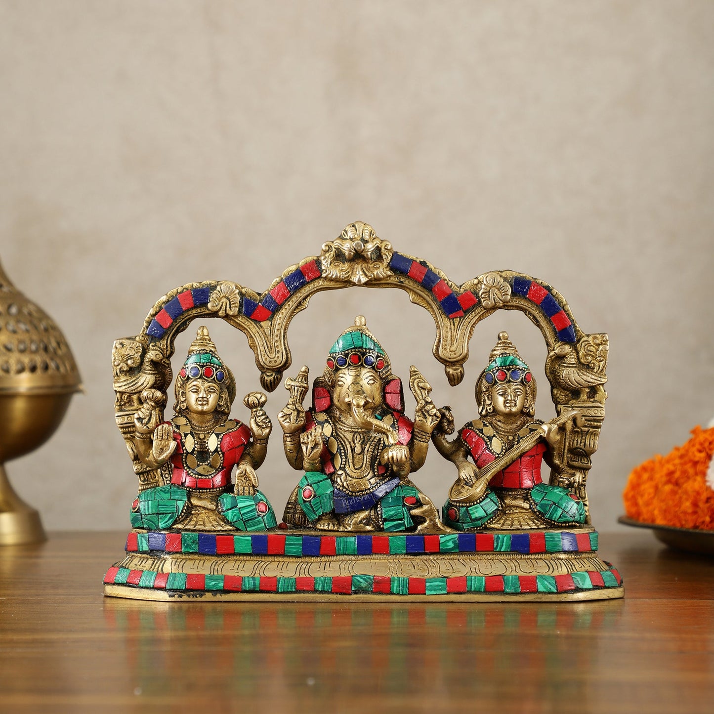 Brass Ganesha Lakshmi Saraswati Idol Set 7 inch with Meenakari Stonework - Budhshiv.com
