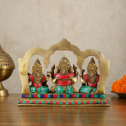 Brass Ganesha Lakshmi Saraswati Idol Set 7 inch with Meenakari Stonework - Budhshiv.com