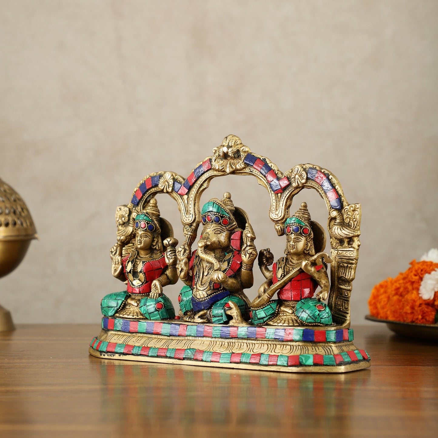 Brass Ganesha Lakshmi Saraswati Idol Set 7 inch with Meenakari Stonework - Budhshiv.com