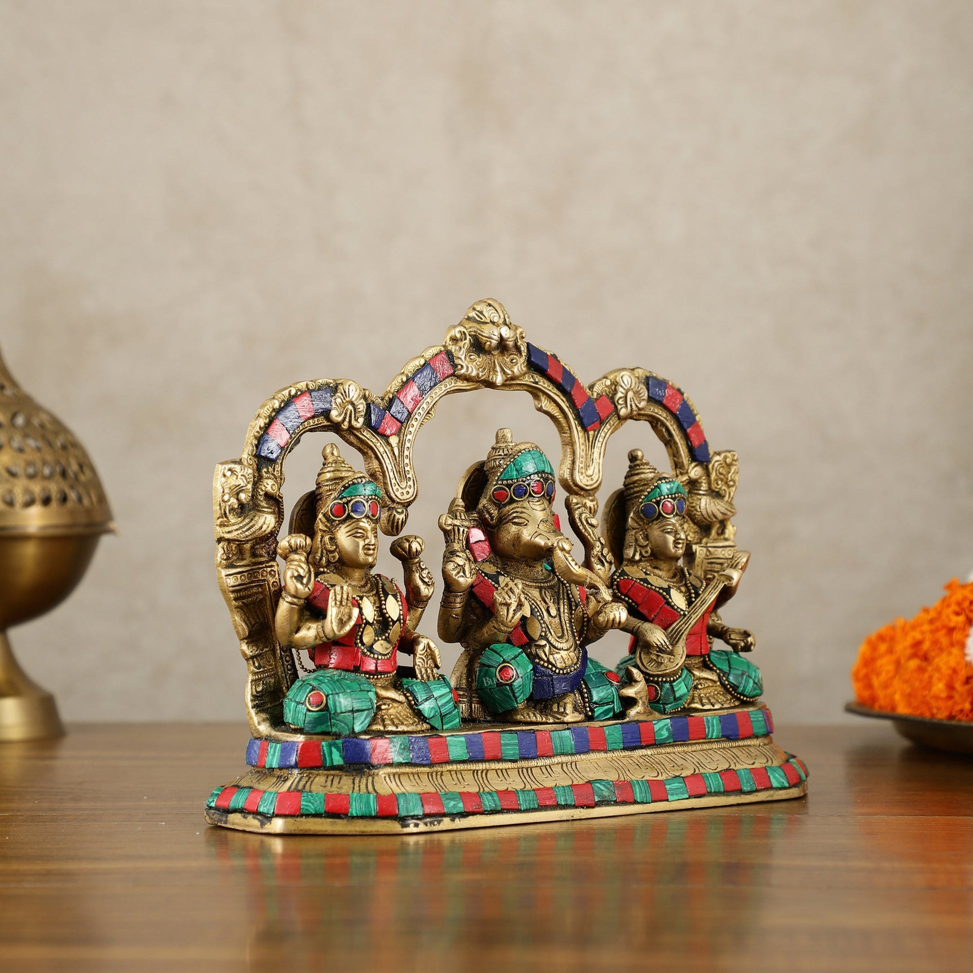 Brass Ganesha Lakshmi Saraswati Idol Set 7 inch with Meenakari Stonework - Budhshiv.com