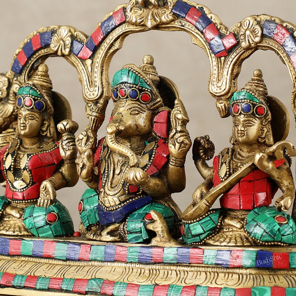 Brass Ganesha Lakshmi Saraswati Idol Set 7 inch with Meenakari Stonework - Budhshiv.com