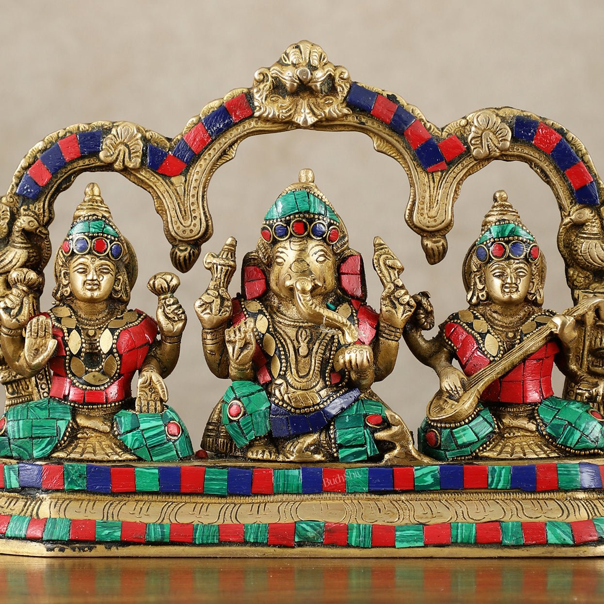 Brass Ganesha Lakshmi Saraswati Idol Set 7 inch with Meenakari Stonework - Budhshiv.com