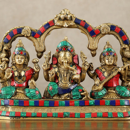 Brass Ganesha Lakshmi Saraswati Idol Set 7 inch with Meenakari Stonework - Budhshiv.com