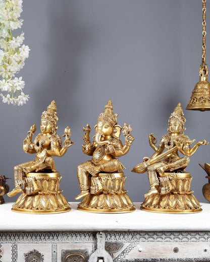 Brass Ganesha Lakshmi Saraswati Idols 15" large - Budhshiv.com