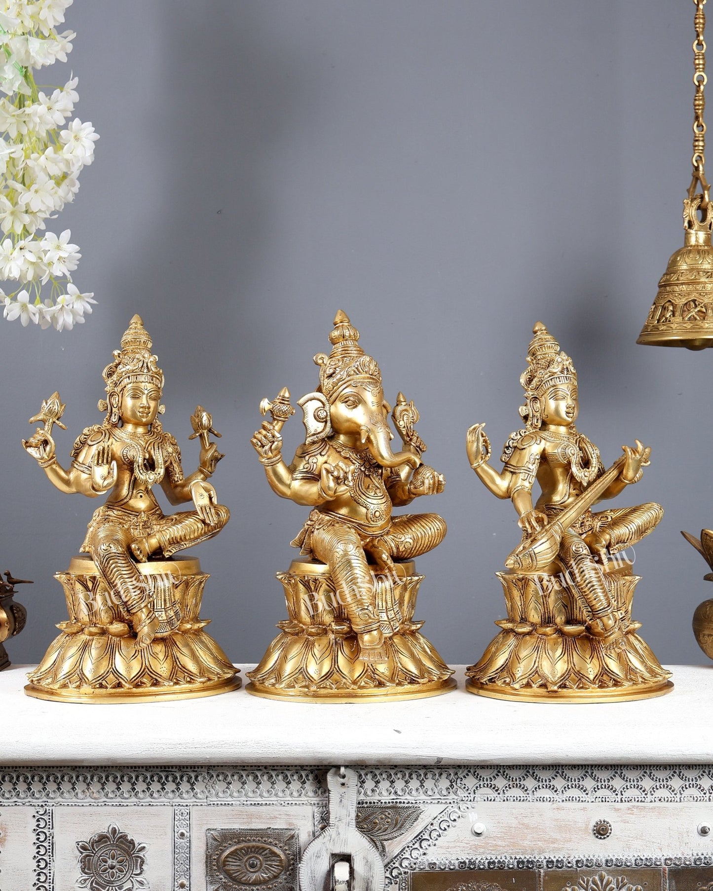 Brass Ganesha Lakshmi Saraswati Idols 15" large - Budhshiv.com
