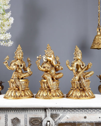 Brass Ganesha Lakshmi Saraswati Idols 15" large - Budhshiv.com