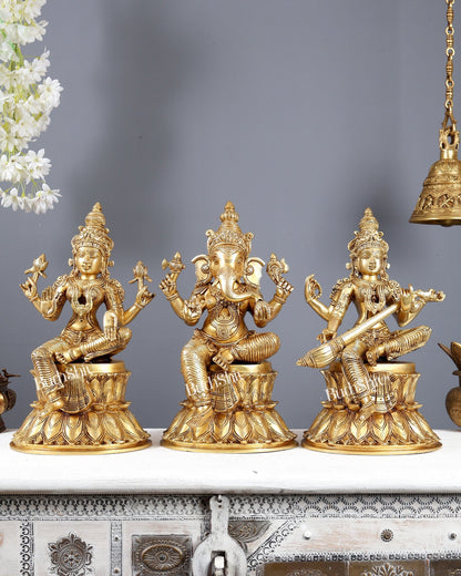 Brass Ganesha Lakshmi Saraswati Idols 15" large - Budhshiv.com