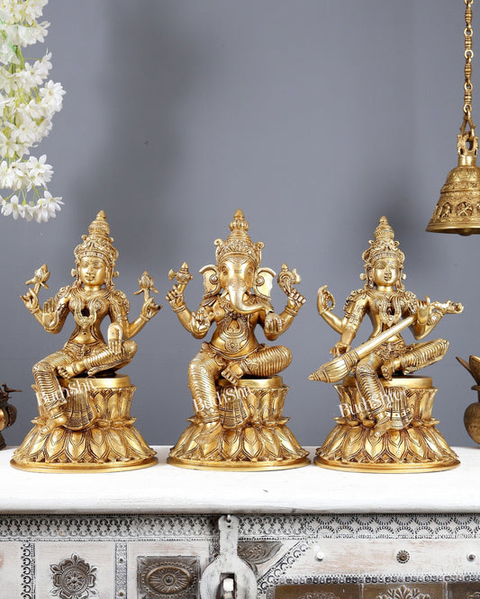 Brass Ganesha Lakshmi Saraswati Idols 15" large - Budhshiv.com