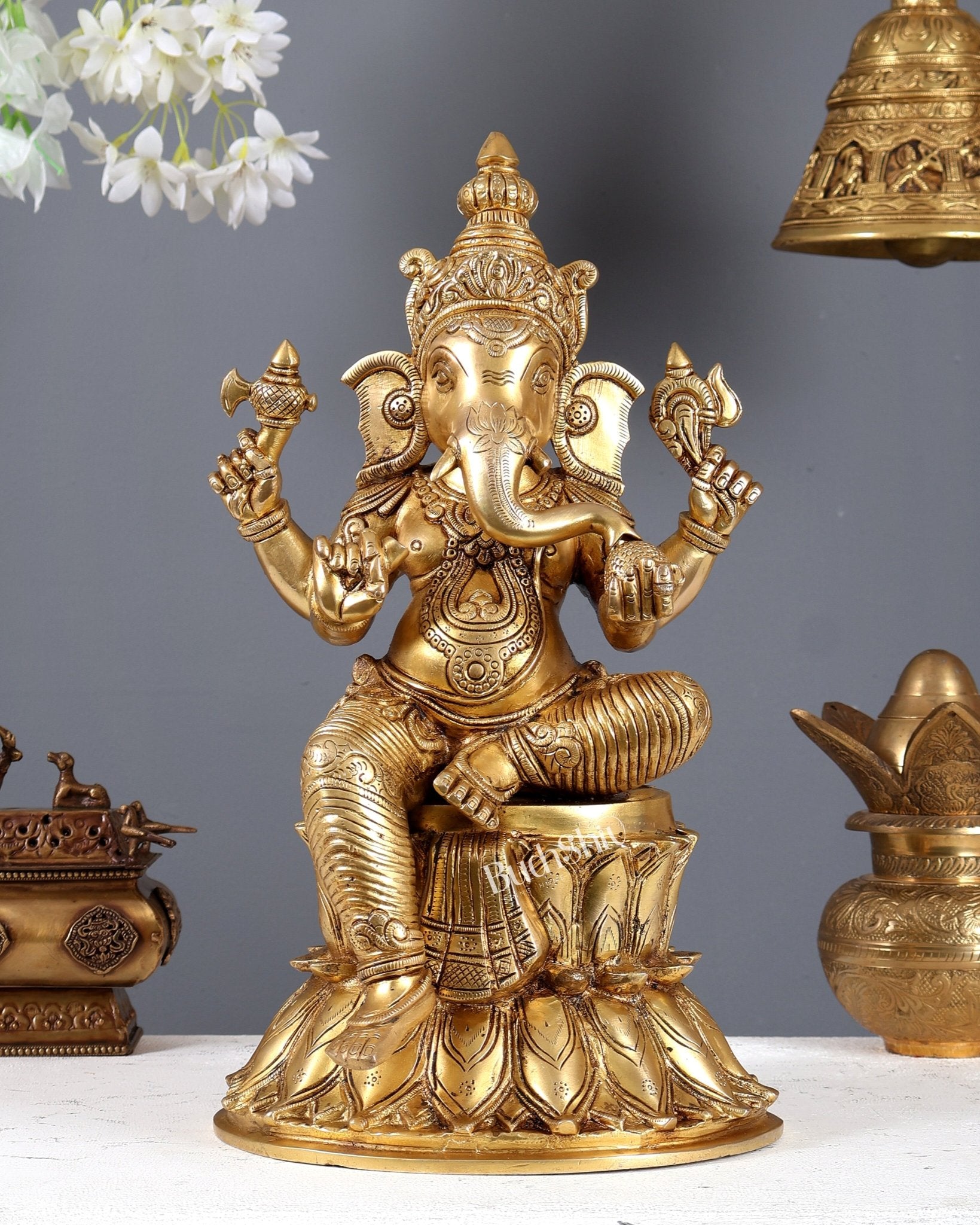 Brass Ganesha Lakshmi Saraswati Idols 15" large - Budhshiv.com