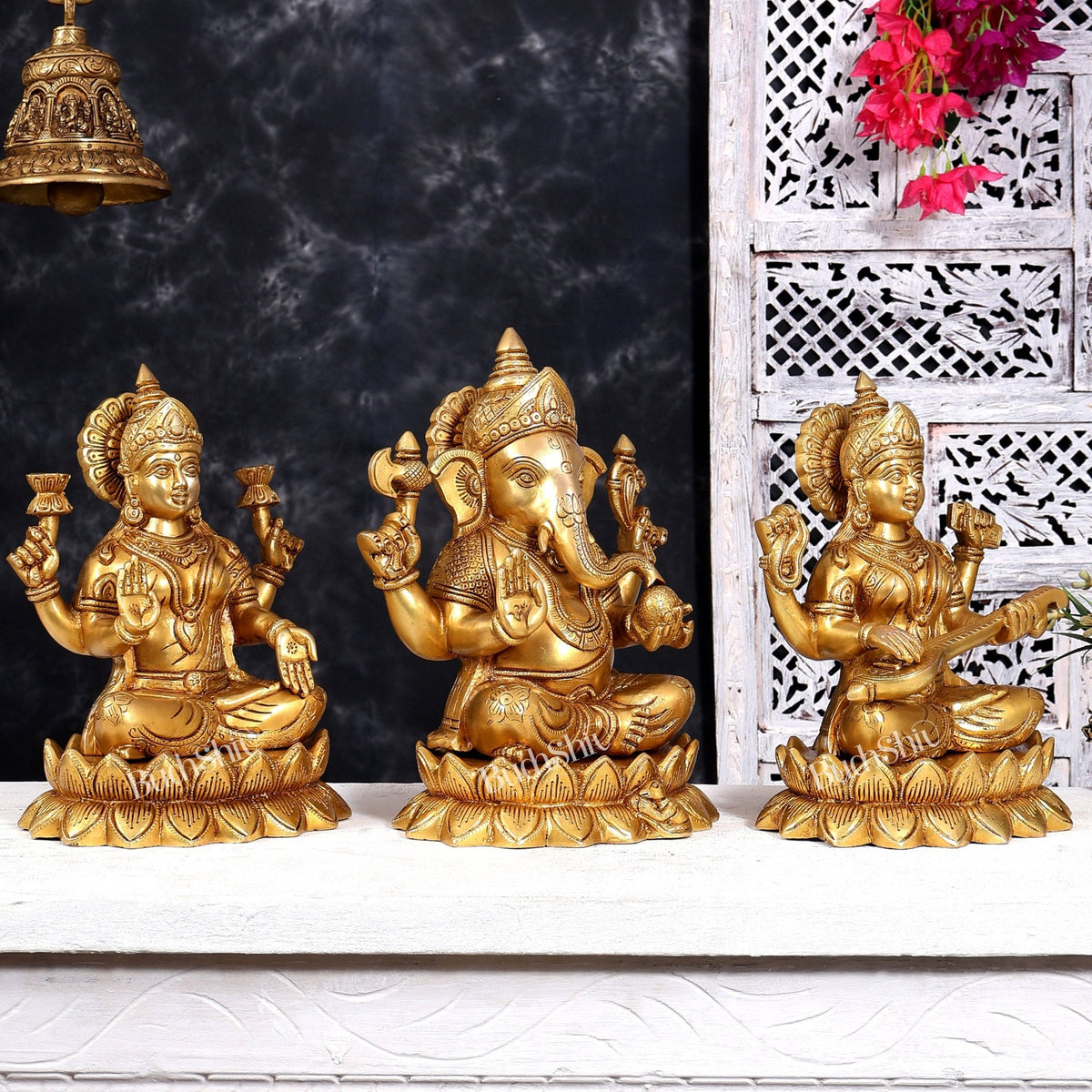 Brass Ganesha Lakshmi Saraswati on Lotus — Idol Set 10.5 inch - Budhshiv.com