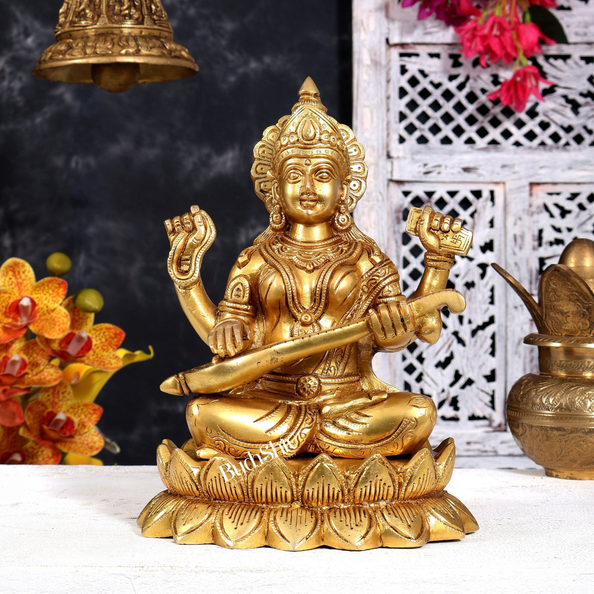 Brass Ganesha Lakshmi Saraswati on Lotus — Idol Set 10.5 inch - Budhshiv.com