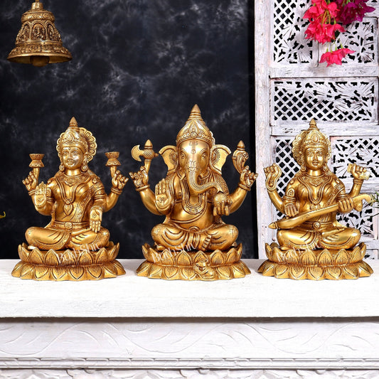 Brass Ganesha Lakshmi Saraswati on Lotus — Idol Set 10.5 inch - Budhshiv.com