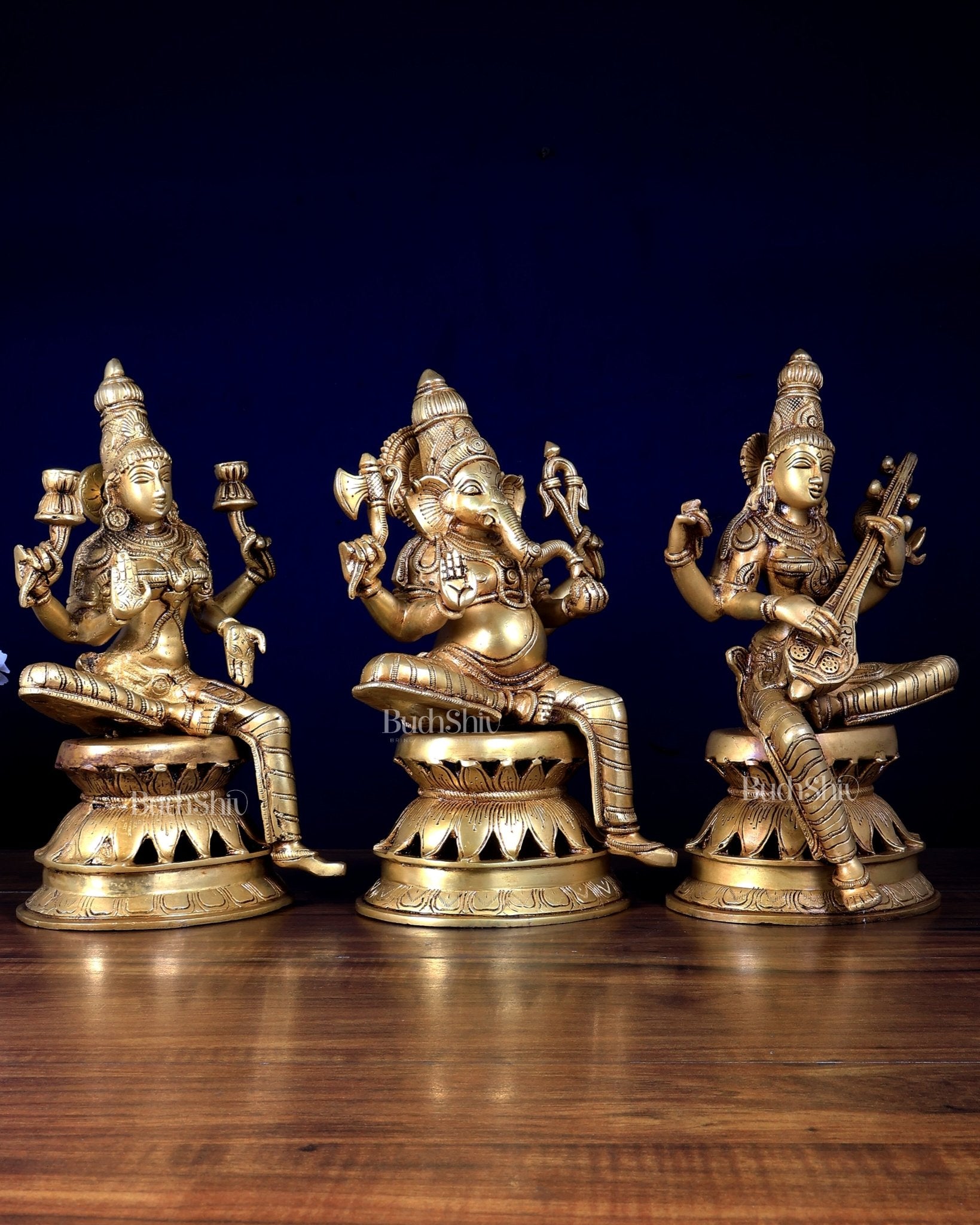 Brass Ganesha Lakshmi Saraswati Set | 12" Lotus Base Trio - Budhshiv.com