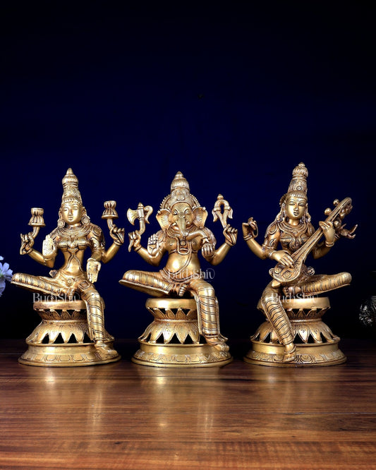 Brass Ganesha Lakshmi Saraswati Set | 12" Lotus Base Trio - Budhshiv.com