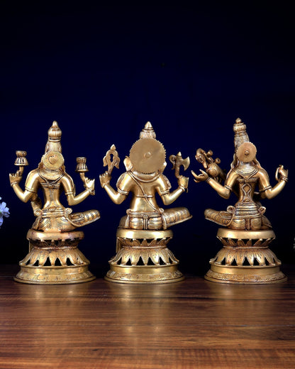 Brass Ganesha Lakshmi Saraswati Set | 12" Lotus Base Trio - Budhshiv.com