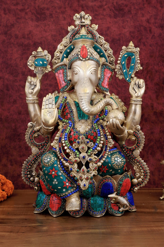Brass Ganesha large idol 21" Tall with Intricate Stonework - Budhshiv.com