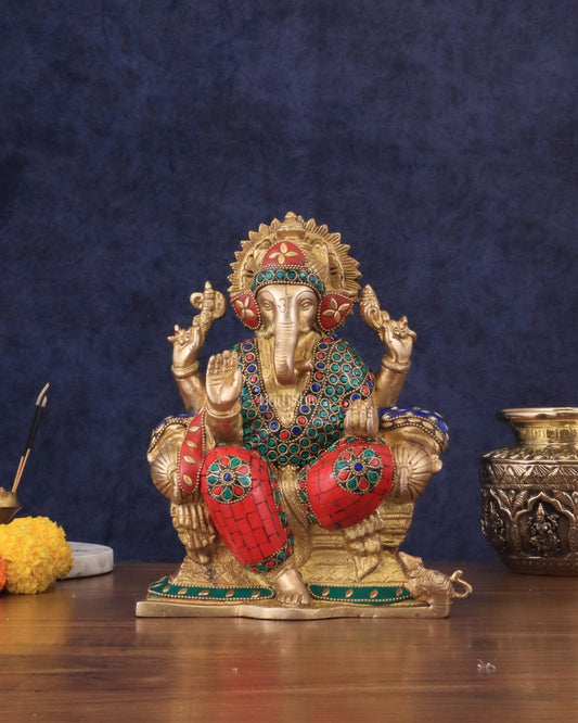 Brass Ganesha murti with Meenakari Stonework | 10" Height - Budhshiv.com
