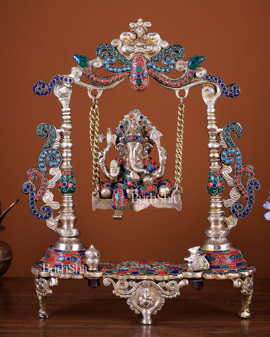 Brass Ganesha on a Swing with Stonework 20 inch - Budhshiv.com