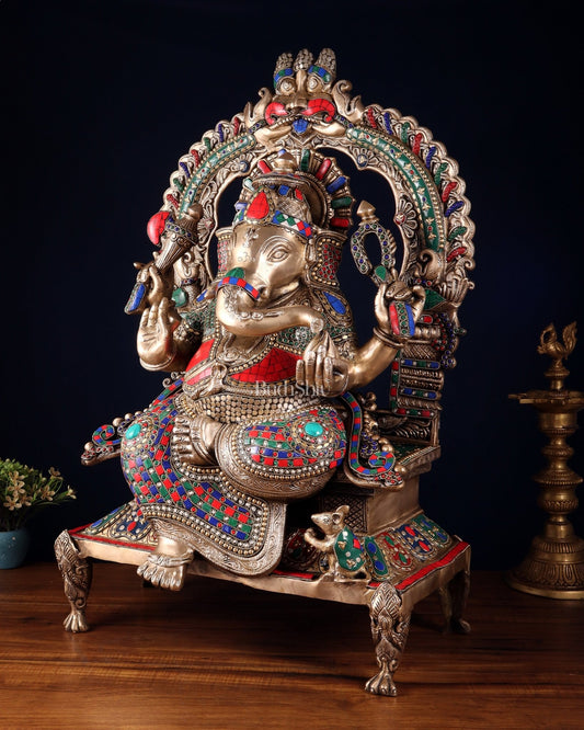 Brass Ganesha on King Size statue with stonework - 28" - Budhshiv.com