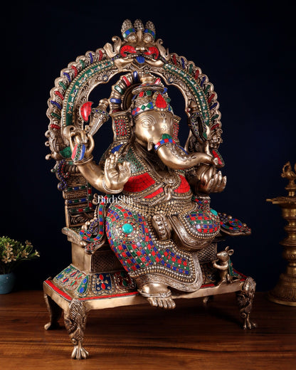 Brass Ganesha on King Size statue with stonework - 28" - Budhshiv.com