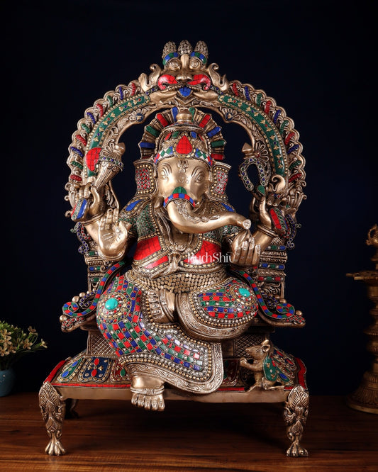 Brass Ganesha on King Size statue with stonework - 28" - Budhshiv.com
