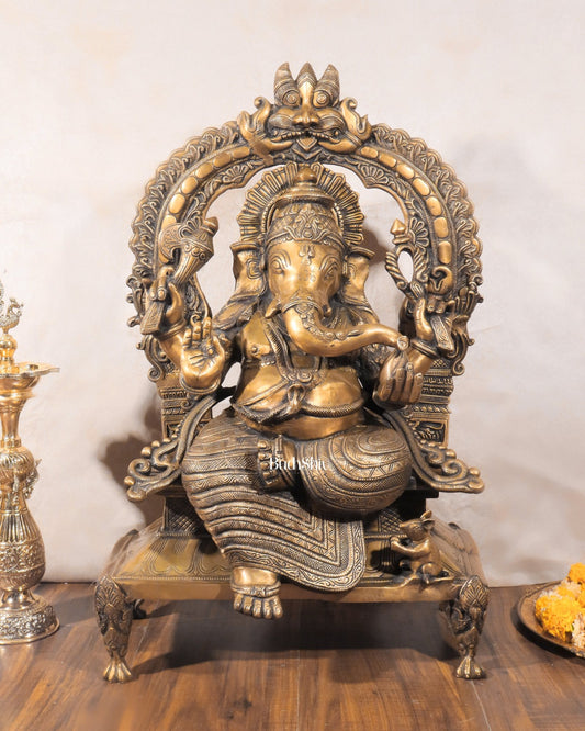 Brass Ganesha on King Size Throne Large statue - 28" - Budhshiv.com