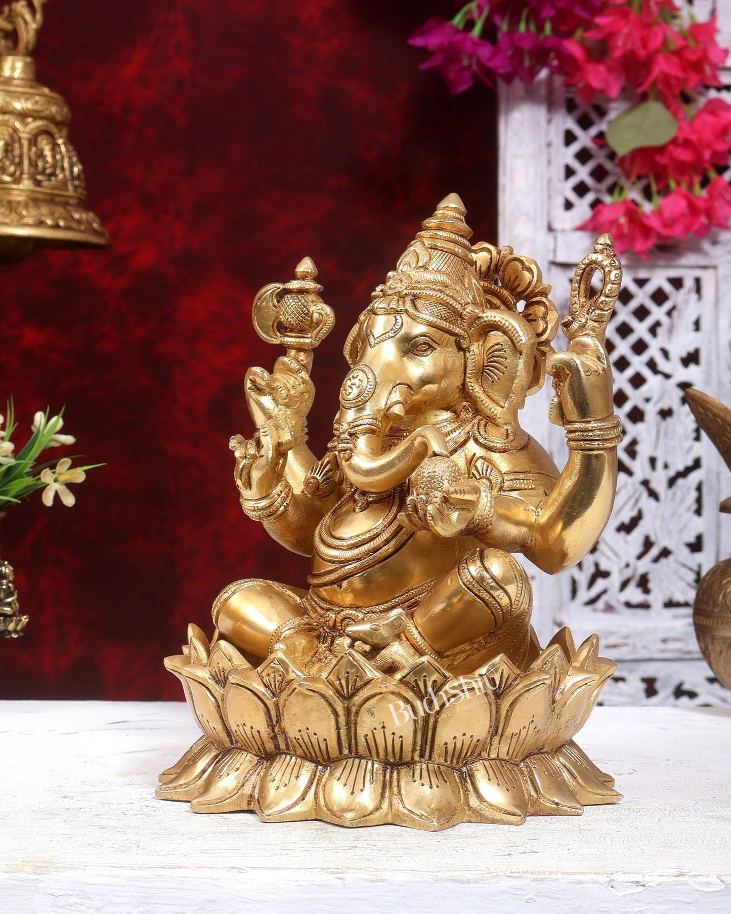 Brass Ganesha on Lotus Statue 9.5 inch - Budhshiv.com