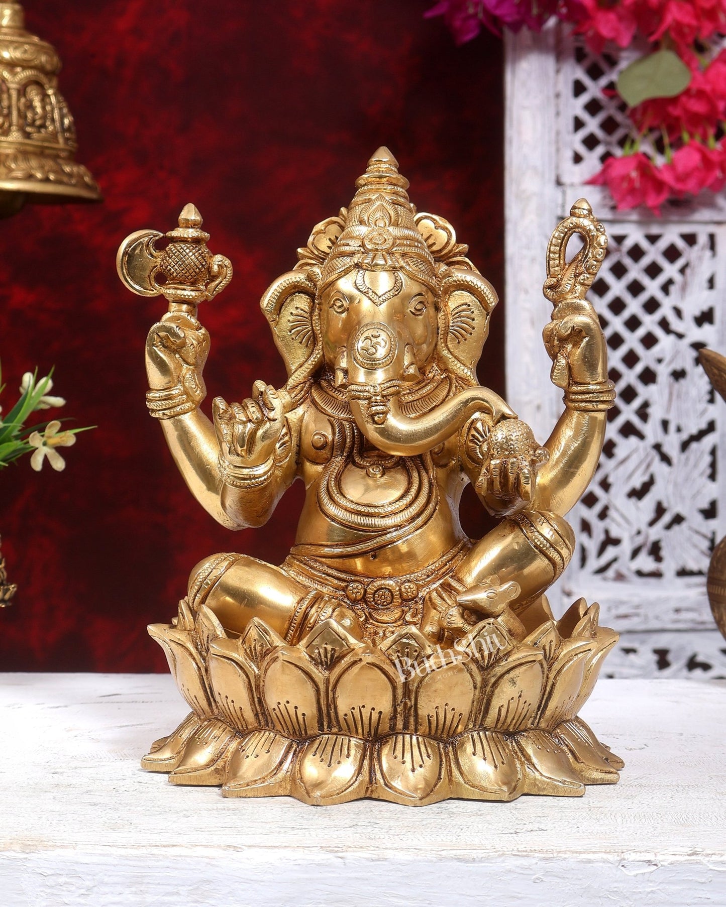Brass Ganesha on Lotus Statue 9.5 inch - Budhshiv.com