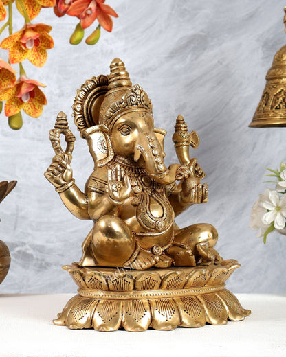 Brass Ganesha on Lotus Statue – Highly Detailed Divine Ganpati Idol (12 Inches) - Budhshiv.com