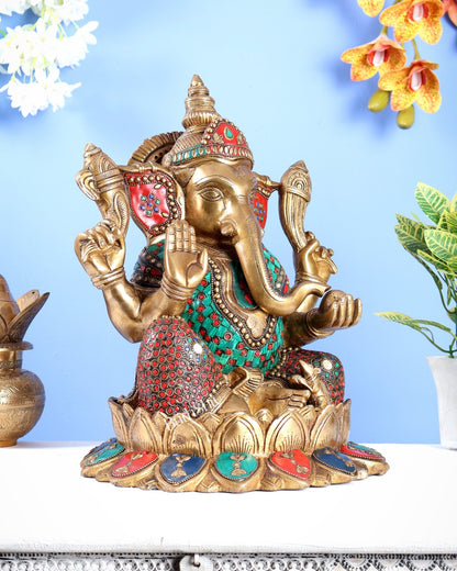 Brass Ganesha on Lotus Statue with Stonework – Grand Handcrafted Divine Sculpture (14.5 Inches) - Budhshiv.com