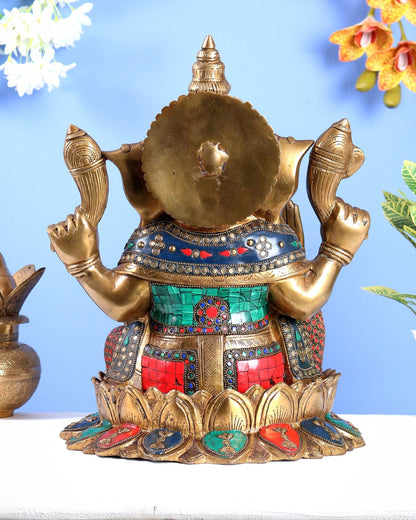 Brass Ganesha on Lotus Statue with Stonework – Grand Handcrafted Divine Sculpture (14.5 Inches) - Budhshiv.com
