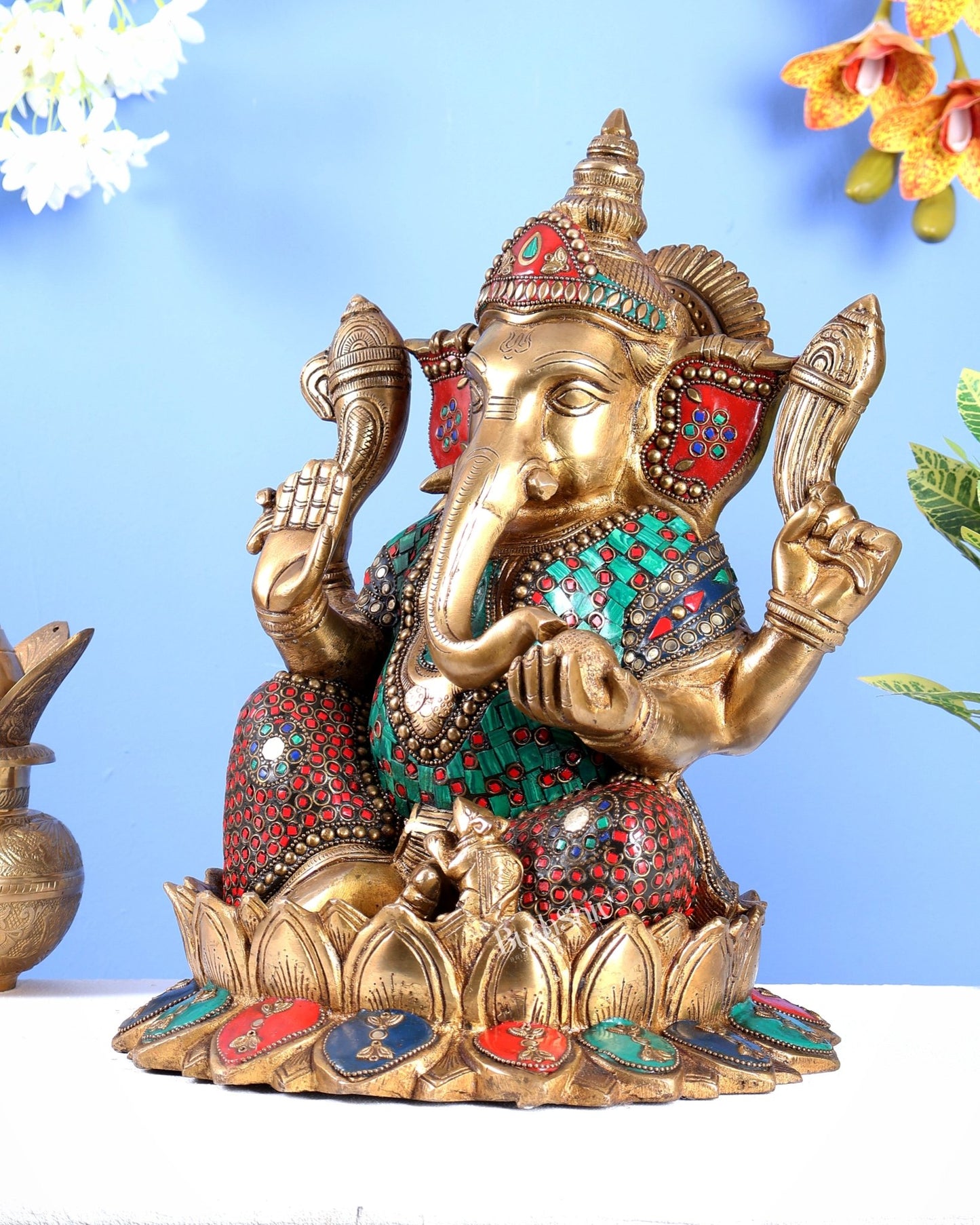 Brass Ganesha on Lotus Statue with Stonework – Grand Handcrafted Divine Sculpture (14.5 Inches) - Budhshiv.com