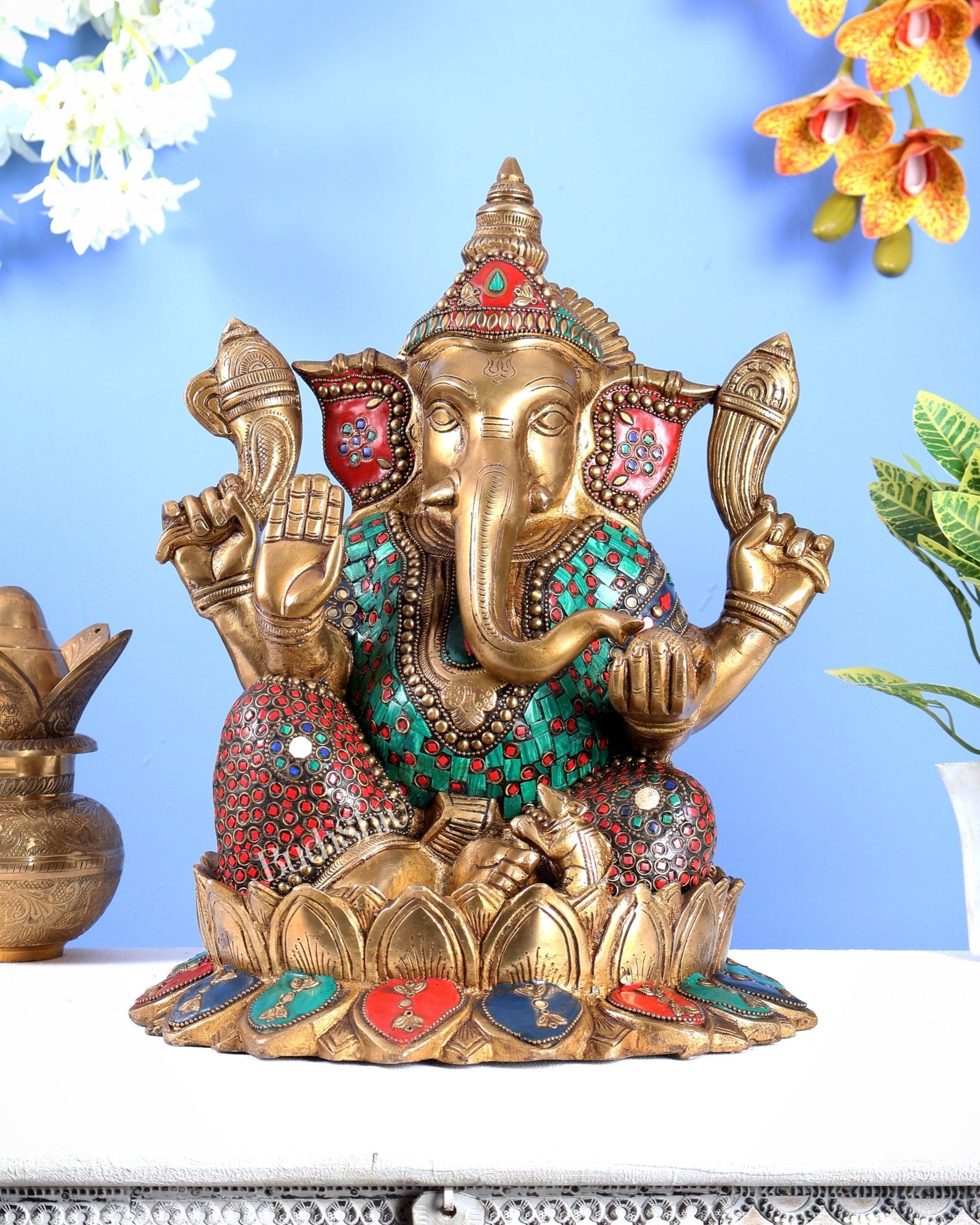 Brass Ganesha on Lotus Statue with Stonework – Grand Handcrafted Divine Sculpture (14.5 Inches) - Budhshiv.com