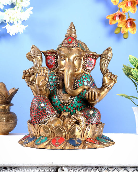 Brass Ganesha on Lotus Statue with Stonework – Grand Handcrafted Divine Sculpture (14.5 Inches) - Budhshiv.com