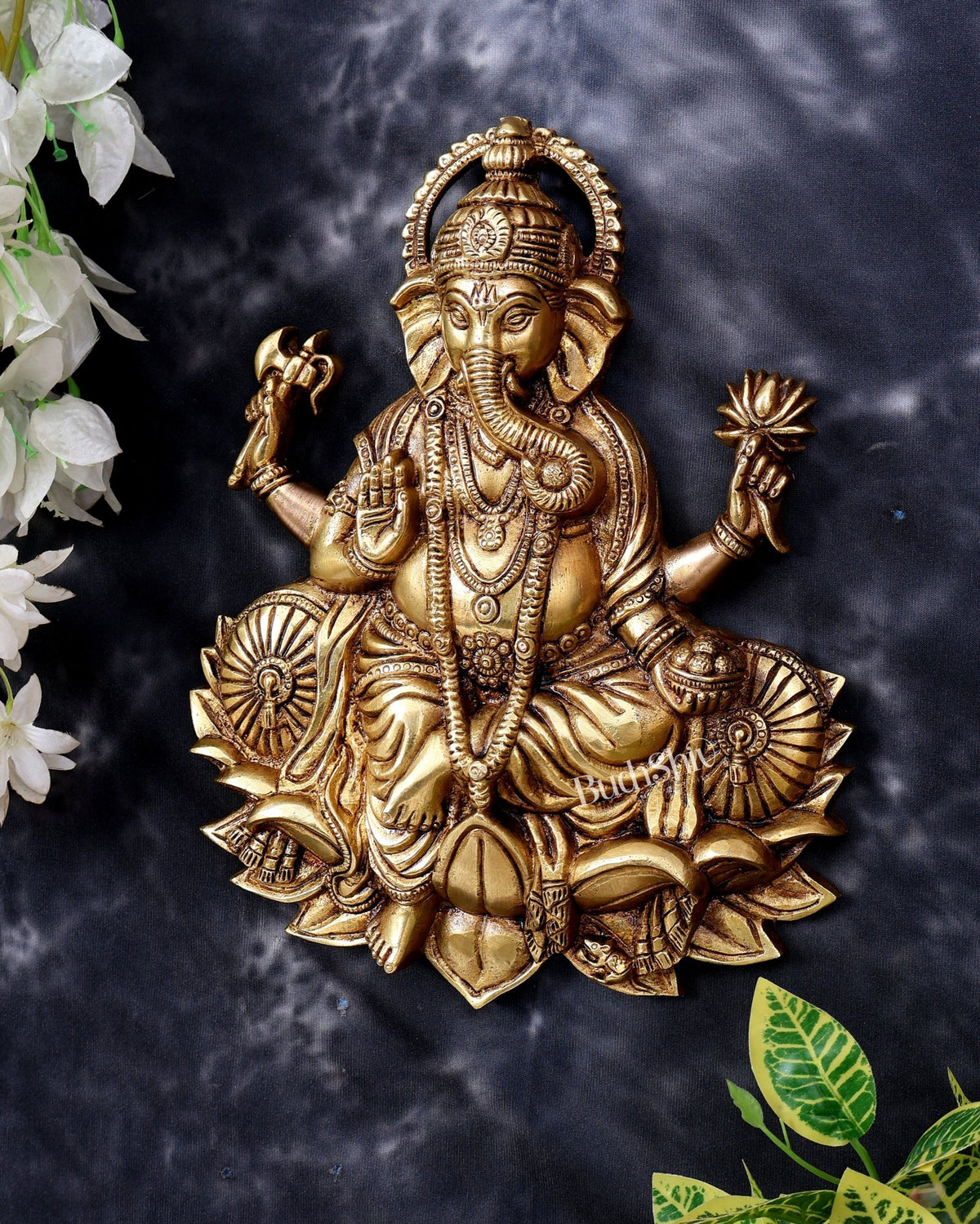 Brass Ganesha on Lotus Wall Hanging — Highly Detailed 11 inch - Budhshiv.com