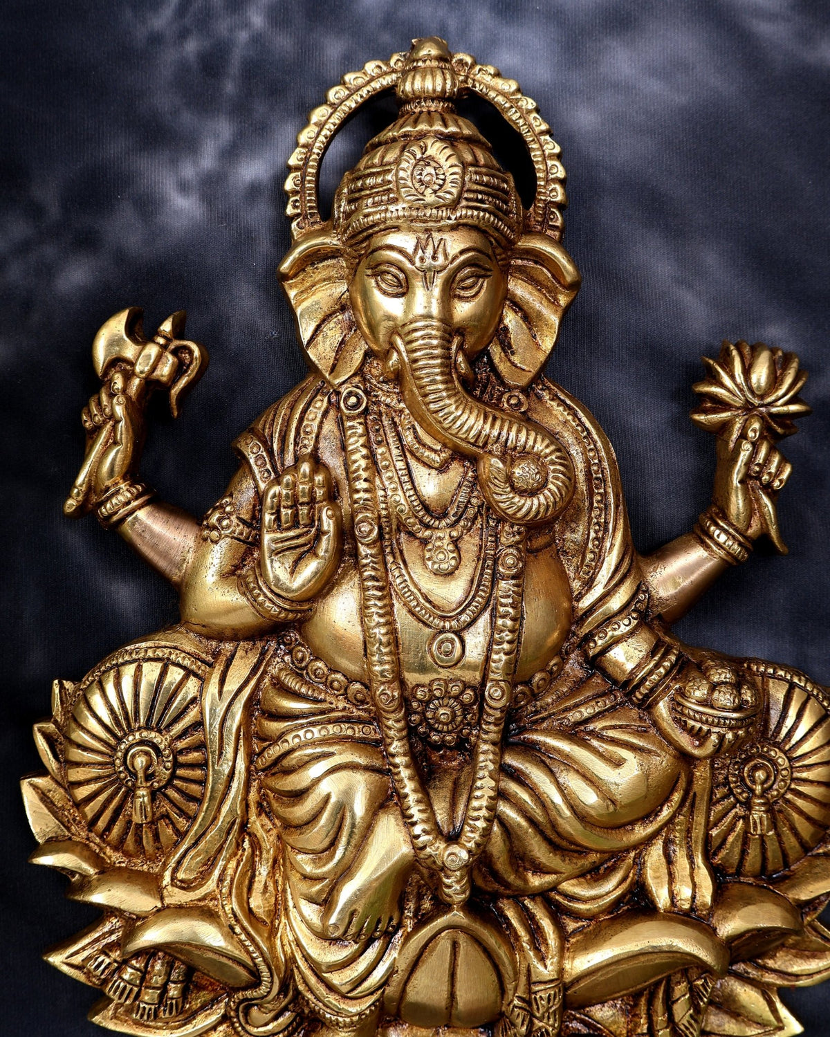Brass Ganesha on Lotus Wall Hanging — Highly Detailed 11 inch - Budhshiv.com