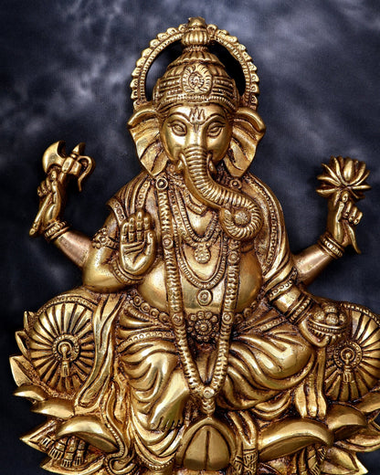 Brass Ganesha on Lotus Wall Hanging — Highly Detailed 11 inch - Budhshiv.com