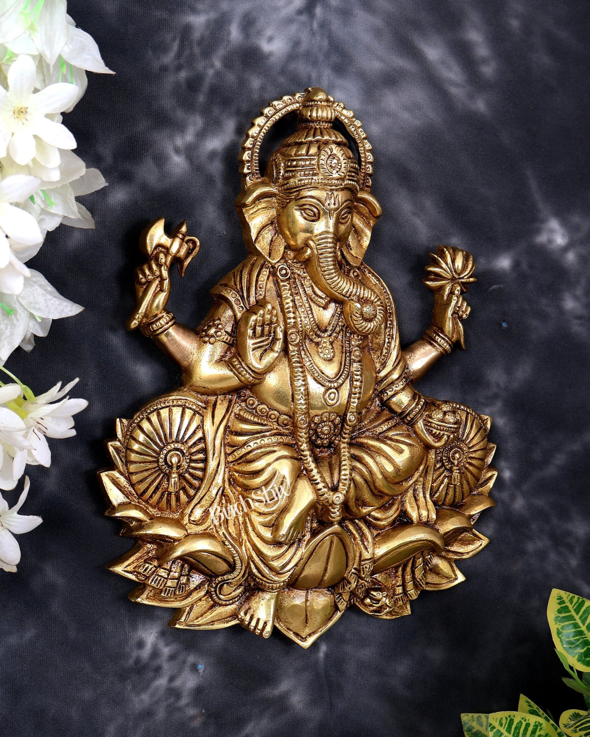 Brass Ganesha on Lotus Wall Hanging — Highly Detailed 11 inch - Budhshiv.com