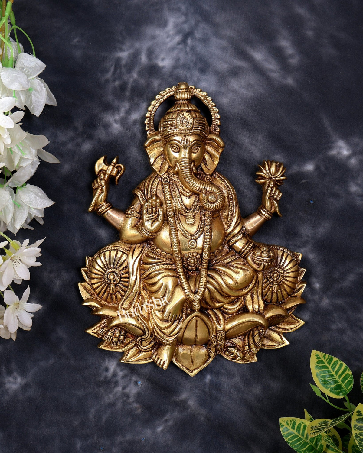 Brass Ganesha on Lotus Wall Hanging — Highly Detailed 11 inch - Budhshiv.com