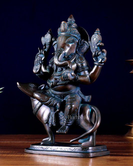 Brass Ganesha on Mouse Idol antique bronze tone | 10" - Budhshiv.com